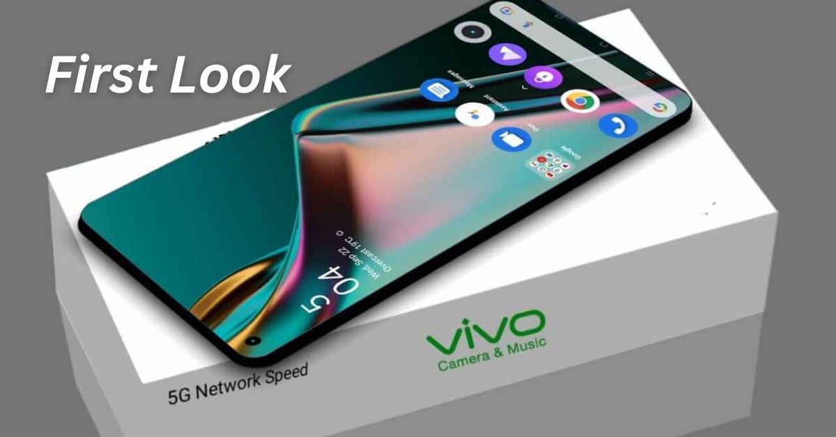 Rendering of a new Vivo V23 Pro 5G Price smartphone with a curved display and triple camera setup.