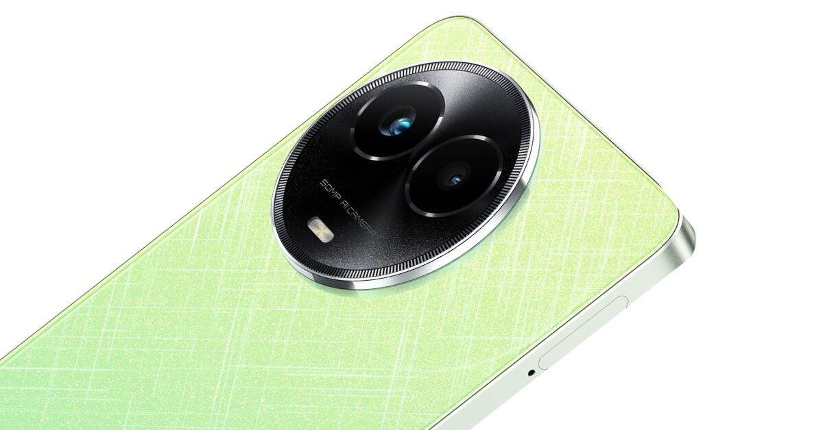 Realme Narzo 60x 5G smartphone with a circular camera module featuring dual lenses. The phone has a green, textured back.