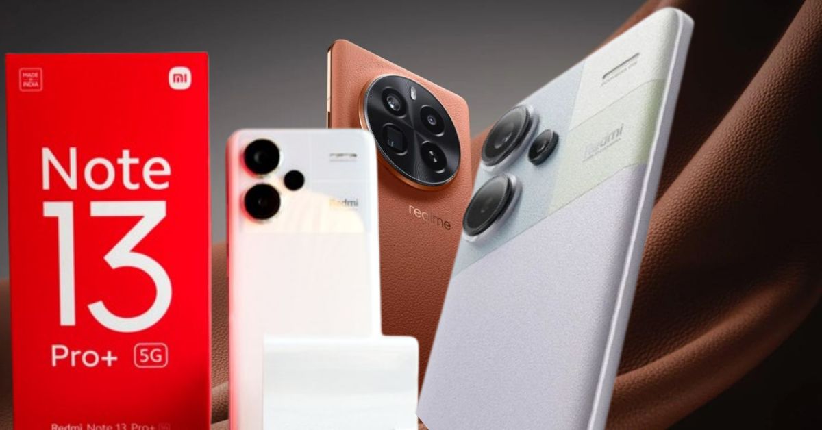 A collage of images featuring the Redmi Note 13 Pro Plus Price in India. The smartphone in different colors and angles, showcasing its sleek design and circular camera module.