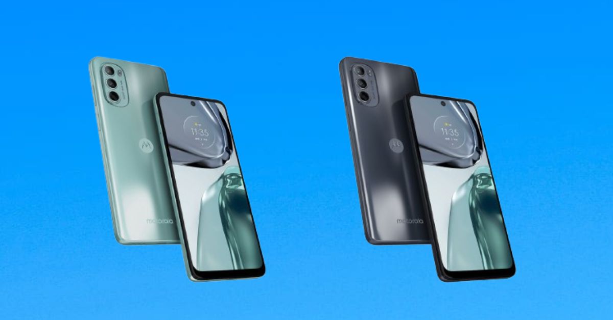 Moto G62 5G Specifications: Motorola Moto G62 5G smartphone in green and black, showing front and back views.