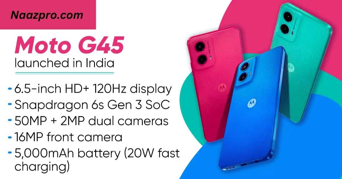 Moto G45 5G Price In India: Moto G45 5G smartphone in three colors: pink, green, and blue, with key specifications listed.