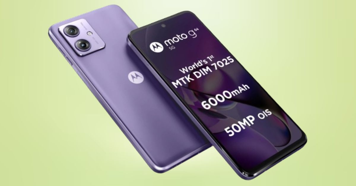 Moto G64 5G Price In India: Moto G64 5G smartphone in purple color, showcasing its dual rear camera setup, 5G connectivity, and large battery.