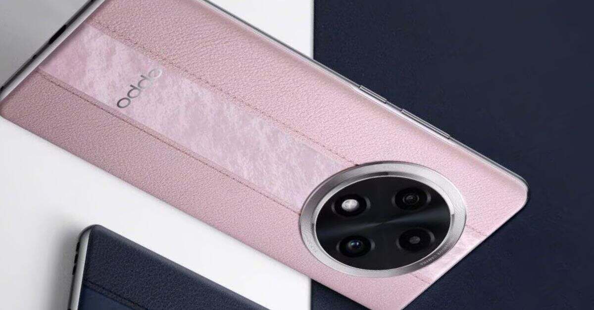 Oppo F27 Pro Plus 5G smartphone in pink leather finish with a circular camera module.