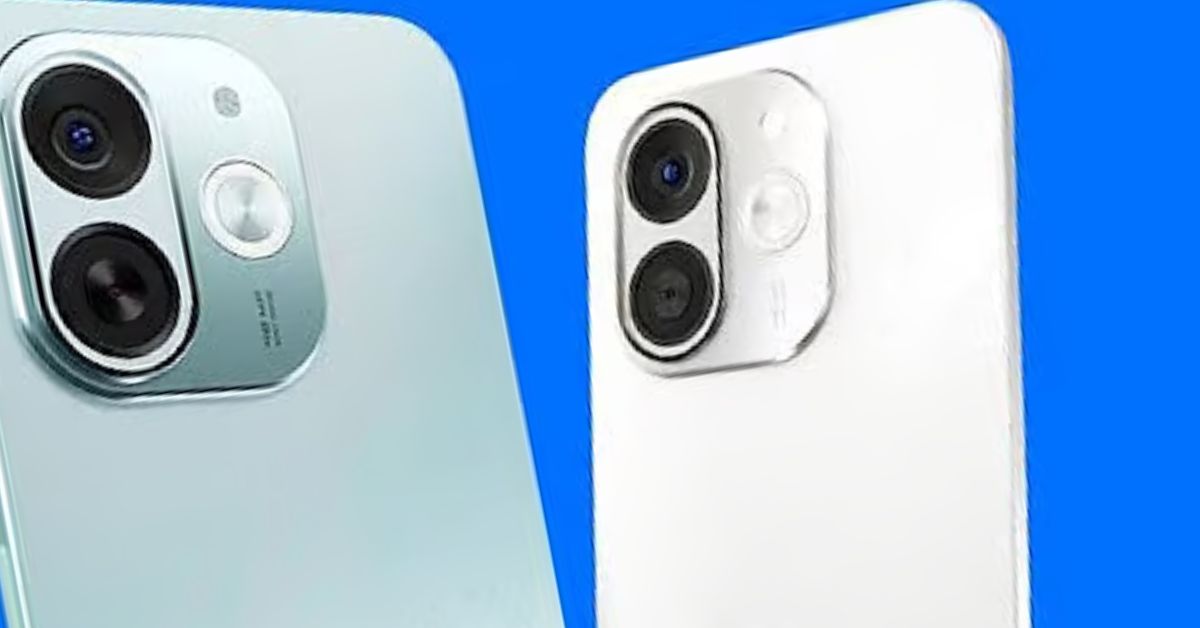 Tecno Pop 9 5G smartphone in two colors, light blue and white, showcasing the rear camera module.