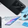 Oppo A97 Price In India: Three Oppo A97 smartphones in blue and black, showcasing their dual cameras. In the foreground, a phone is charging, with "5000 mAh" text visible, alongside stacks of "12GB" and "256GB" memory modules.