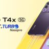 A Vivo T4x 5G smartphone in a dark purple color is prominently displayed alongside another Vivo phone in a lighter, possibly blue or silver hue. The text "vivo T4x 5G GET. SET. TURBO" and "Naazpro" are visible